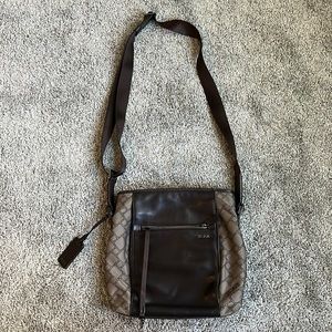 TUMI crossbody travel purse, brown/ gray/ tan
